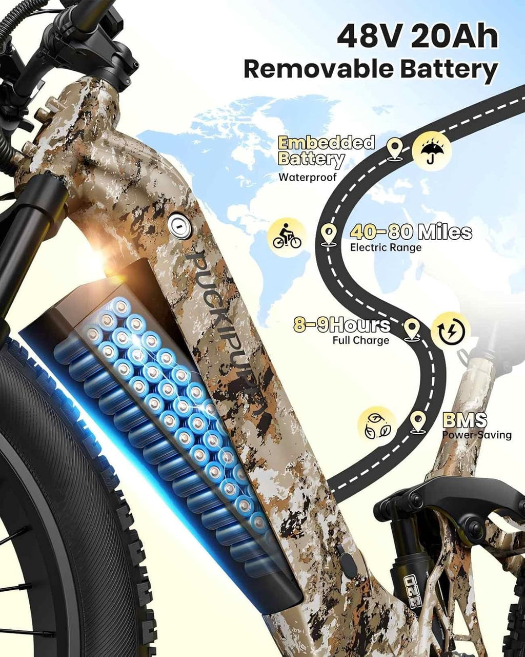 PUCKIPUPPY 26 Electric Bikes for Adults 960W Peak Step Through E-Bikes up to 80Miles Range 48V 20AH Battery Full Suspension Ebike 28 mph Max Speed Fat Tire E-Mountain Bike 7 Speed, UL2849 by SGS