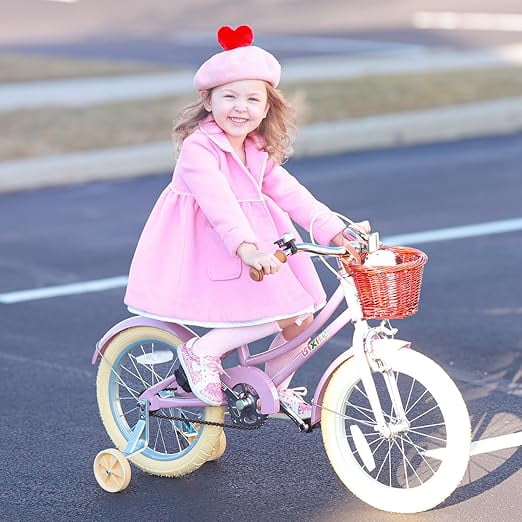 ACEGER 16 Inch Girls Bike with Basket, Purple, Training Wheels, Ages 4-8