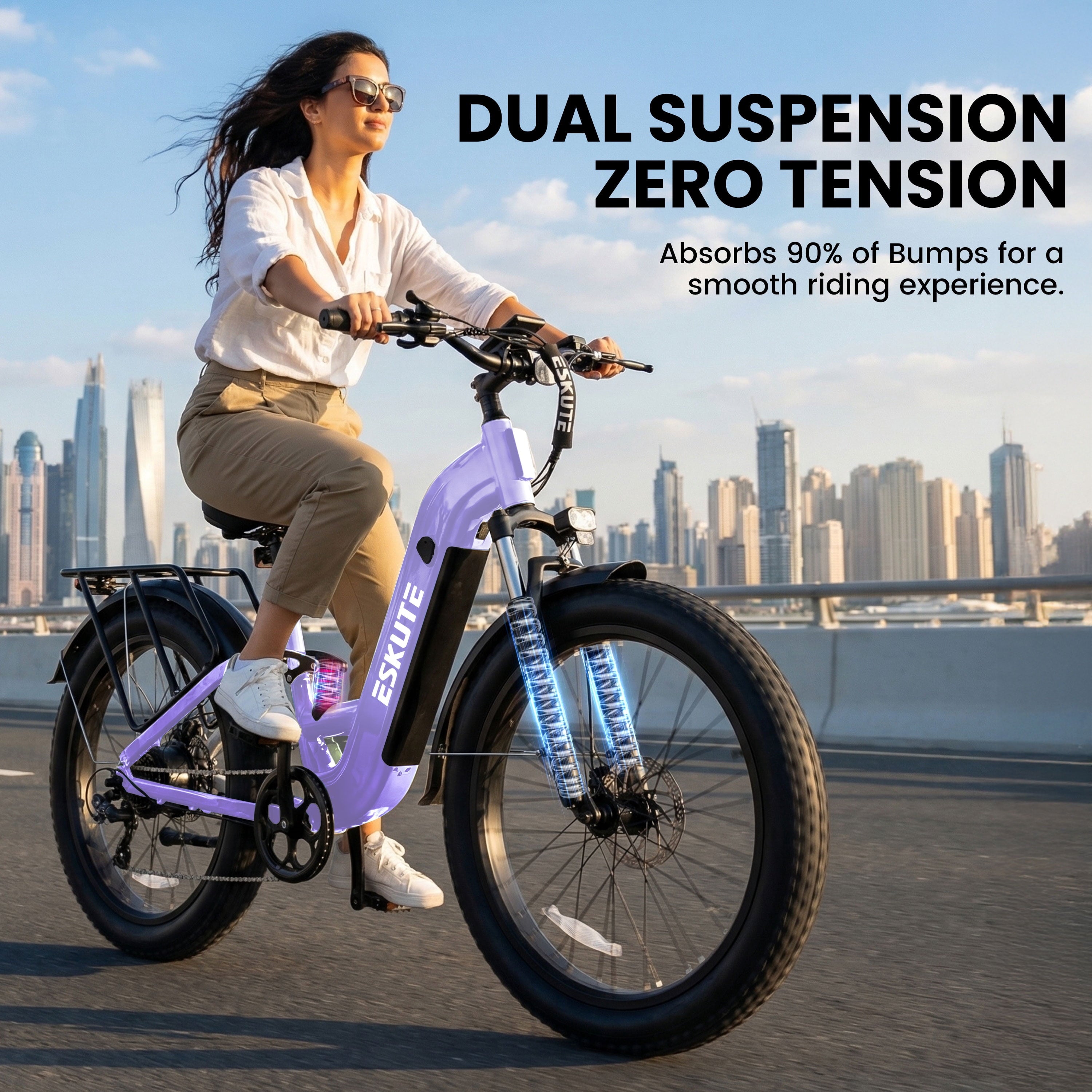 ESKUTE C300 1500W Electric Bike for Adults, 48V 20.8Ah Battery, 32MPH, 80 Miles Range, 26x4.0 Fat Tire Step-Thru Ebike, Full Suspension Electric Bicycle, 8-Speed Pink, UL2849