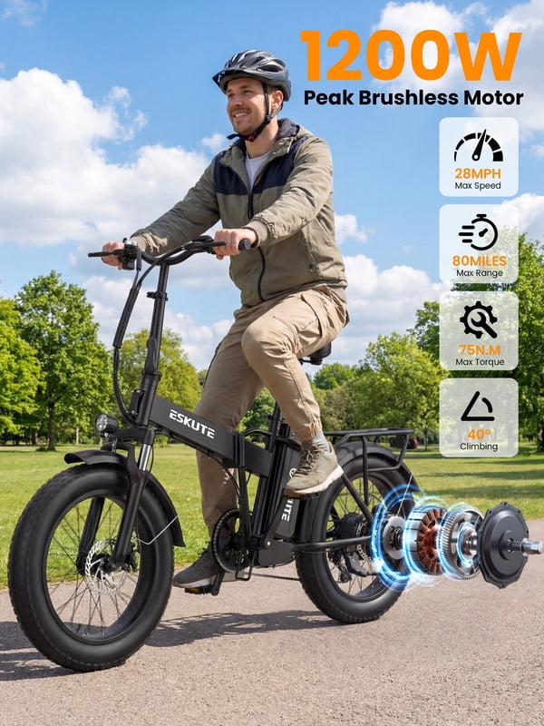 ESKUTE D300 Electric Bike for Adults, Folding Ebike with 1200W Peak Motor 28MPH, 48V 20.8Ah Removable Battery, 20x4.0 Fat Tires, 80 Miles 7-Speed Gear, NFC Unlock,Black, UL2849