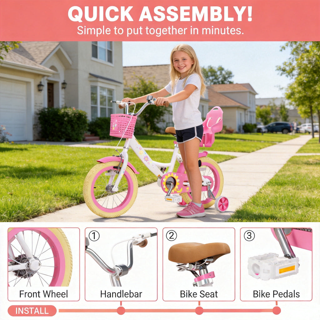 Korimefa Girls Bike for 3-9 Years Old Kids, 12 14 16 inch Kids Bike with Training Wheels, Basket and Doll Seat, Children Bicycles with Handbrake, Pink
