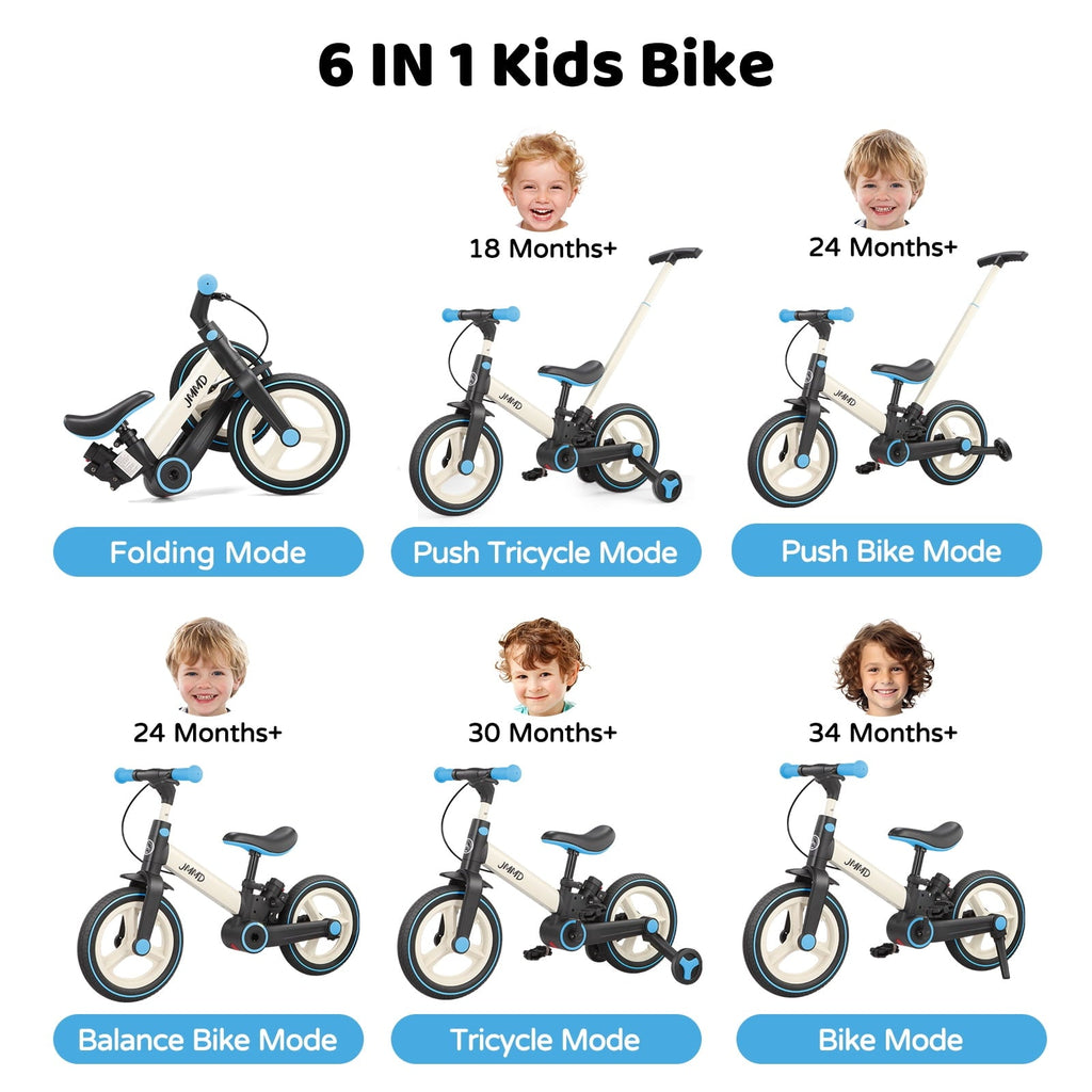 JMMD Toddler Bike with Push Handle for Kid 18-60 Months, 6 in 1 Foldable Tricycle with Training Wheel, Pedals, Kid Balance Bike for Boy & Girl, Black