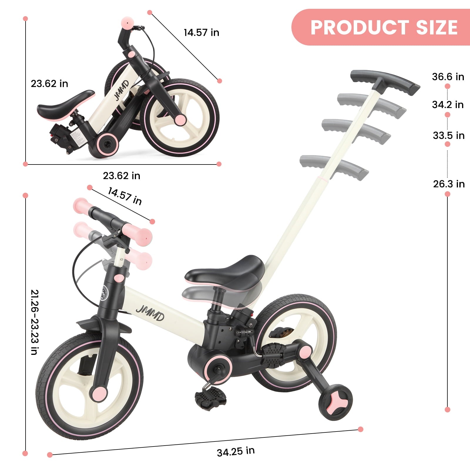 JMMD Toddler Bike with Push Handle for Kid 18-60 Months, 6 in 1 Foldable Tricycle with Training Wheel, Pedals, Kid Balance Bike for Boy & Girl, Black