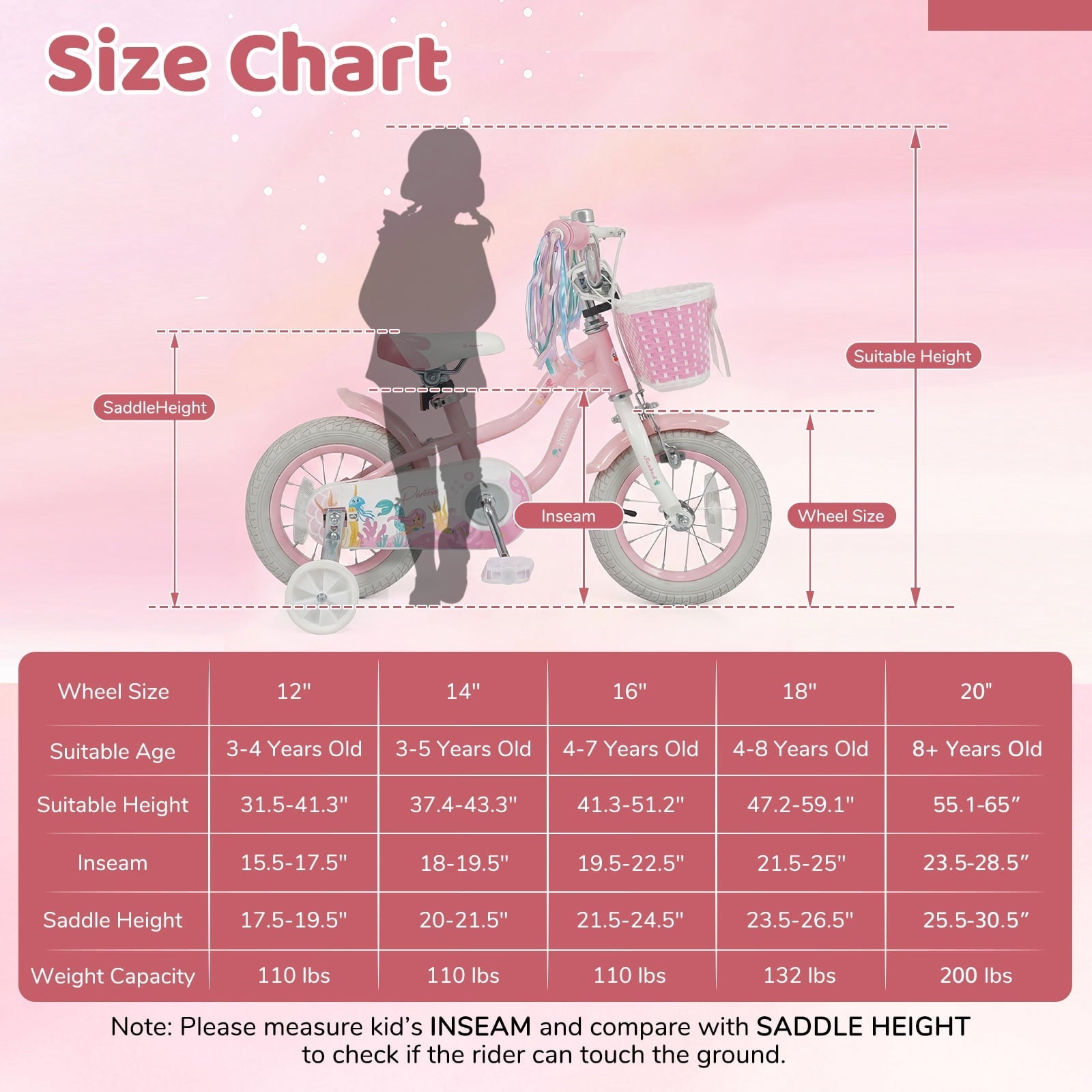 Costway 14 Kids Bike with Training Wheels Hand Coaster Brakes Adjustable Seat Handlebar Pink