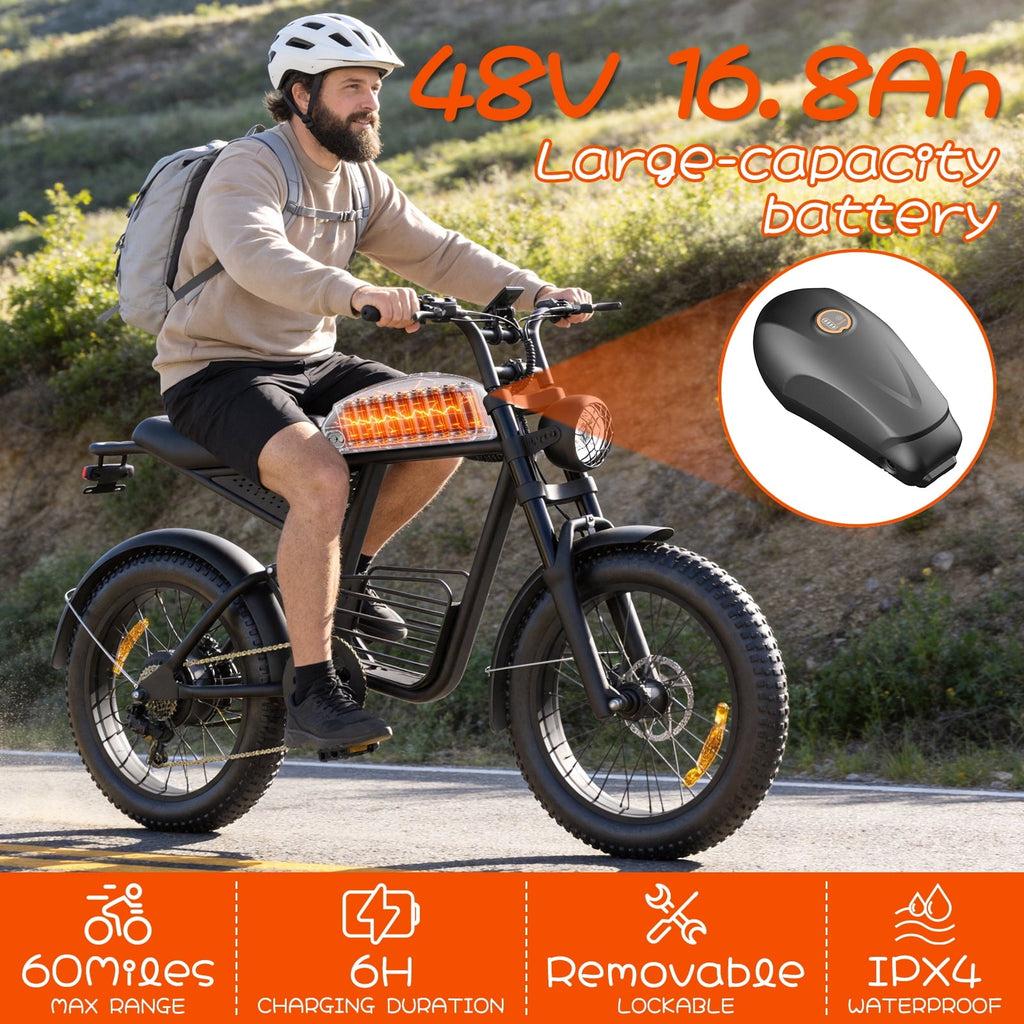 Electric Bike for Adults,750W Motor 1500W Peak,Top Speed 30MPH, Max 55miles,20×4.0 Fat Tires,48V 16.8Ah Battery,UL 2849,Fit for 18+