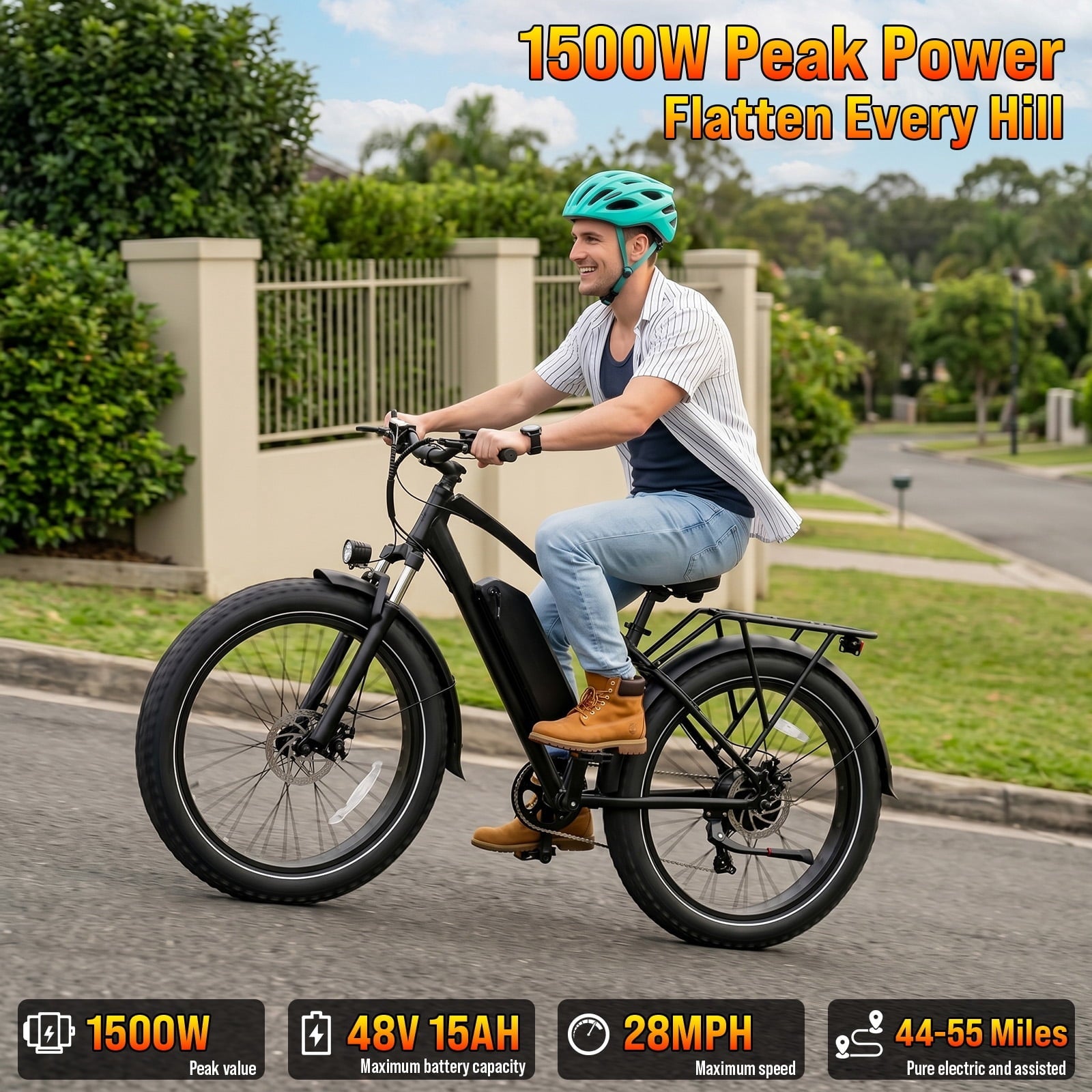 Rexei Yeki 26 Fat Tire EBike, 1200W Electric Bike for Adults, 48V 15AH Battery, 28 MPH Max Speed, 7-Speed , 500 lbs, Front Suspension, Dual Disc Brakes, LCD Display, UL2849