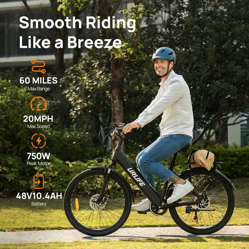 URLIFE 26 Electric Bike for Adults,750W Peak Motor,48V 10.4Ah Removable Battery, 60 Miles Range, 7-Speed City Commuter Ebike,UL2849-White