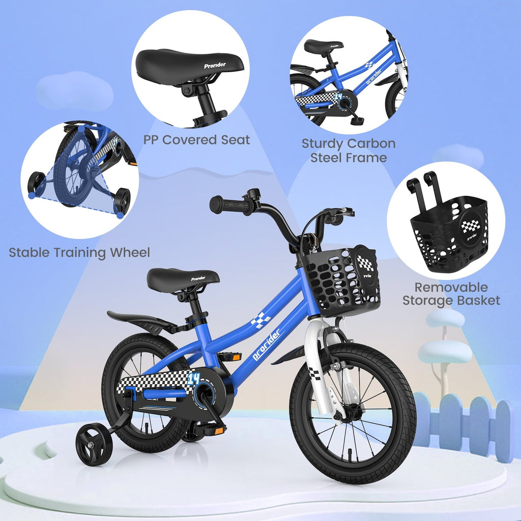 Costway 14'' Kid's Bike with Removable Training Wheels & Basket for 3-5 Years Old Blue
