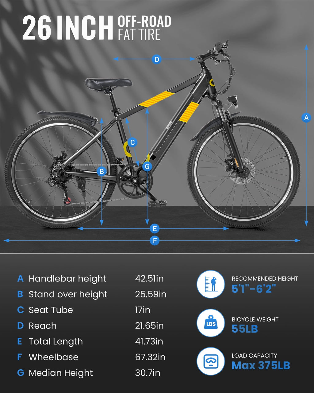MIHOVER 26Electric Bike for Adults 350W 20MPH, 36V Removable Battery 7-Speed, UL2849 Certified City & Light Off-Road E-Bike with Lock -Black