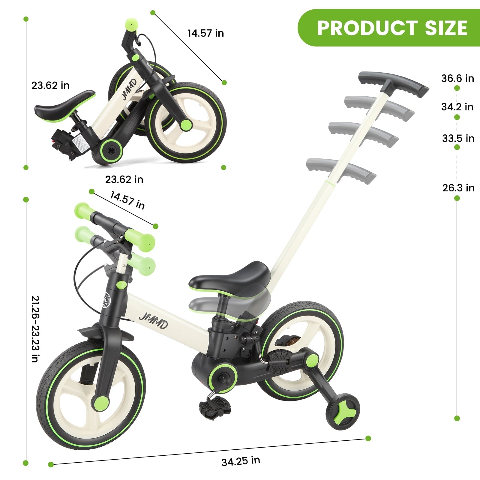 JMMD Toddler Bike with Push Handle for Kid 18-60 Months, 6 in 1 Foldable Tricycle with Training Wheel, Pedals, Kid Balance Bike for Boy & Girl, Black