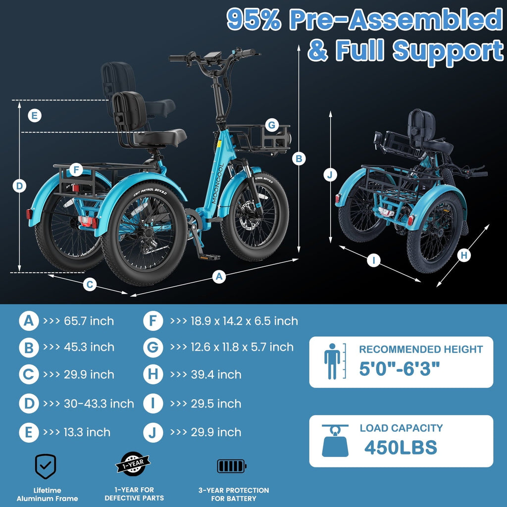 MOONCOOL TK Pro Foldable Electric Tricycle W/ Rearview mirror accessory Kit, 1500W Motor 48V 20Ah Battery, 20 Fat Tire Three Wheel 6-Speed Electric Mountain Bicycle for Adults