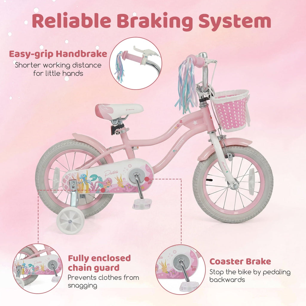 Costway 14 Kids Bike with Training Wheels Hand Coaster Brakes Adjustable Seat Handlebar Pink