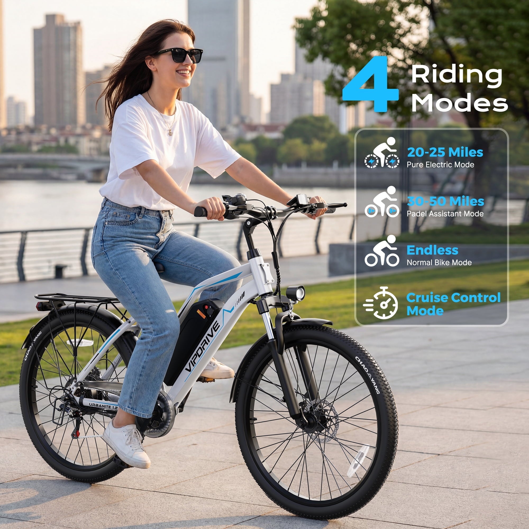 VIPDRIVE 26 Electric Bicycle for Adults & Women, Peak 750W Motor E-Bikes, 48V 7.8Ah Battery, 7-Speed, City Cruiser E-Bike, LCD Display, 50 Mi Range（UL2849）