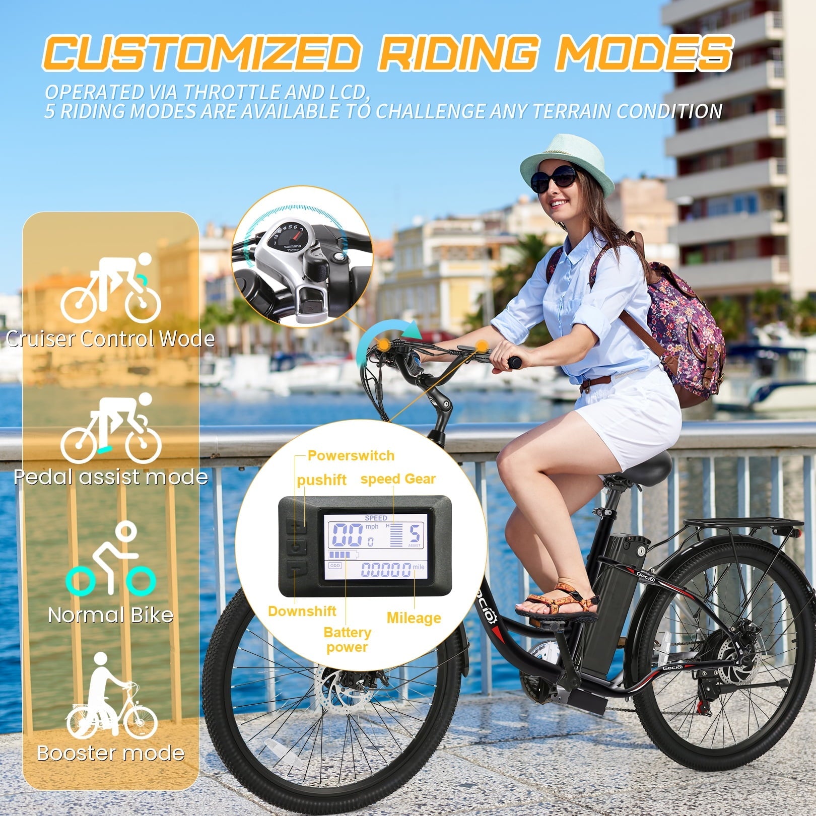 Gocio 26 Electric Bike for Adults, 500W Motor, City Commuter E-Bike, 48V 7.8Ah Removable Battery, Max 19.8Mph, 7 Speed, UL2849