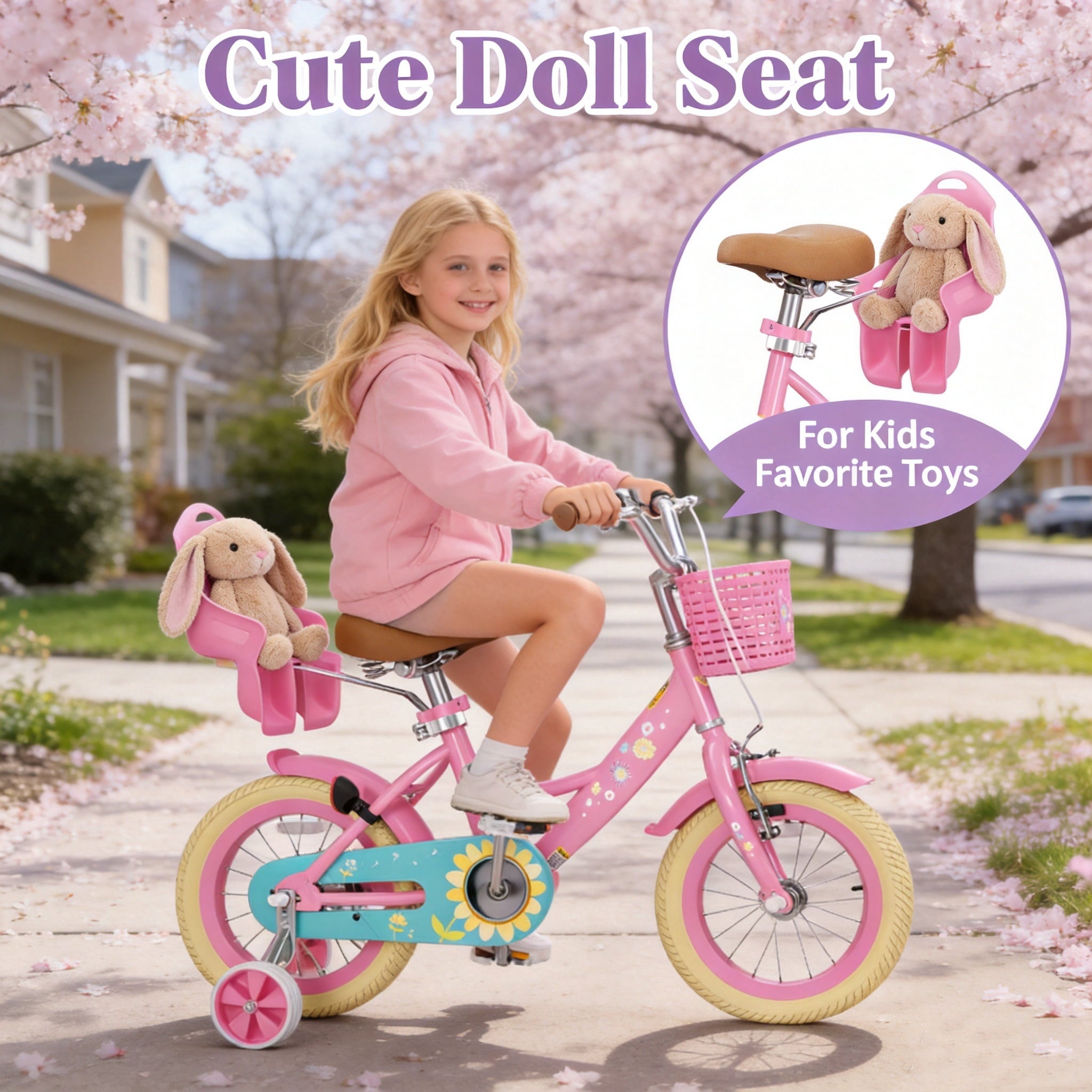 KORIMEFA Bikes for Girls 3-6 Years Old Toddlers, 12 inch Girls Bike with Training Wheels, Basket and Doll Seat, Children Bicycles with Handbrake, White