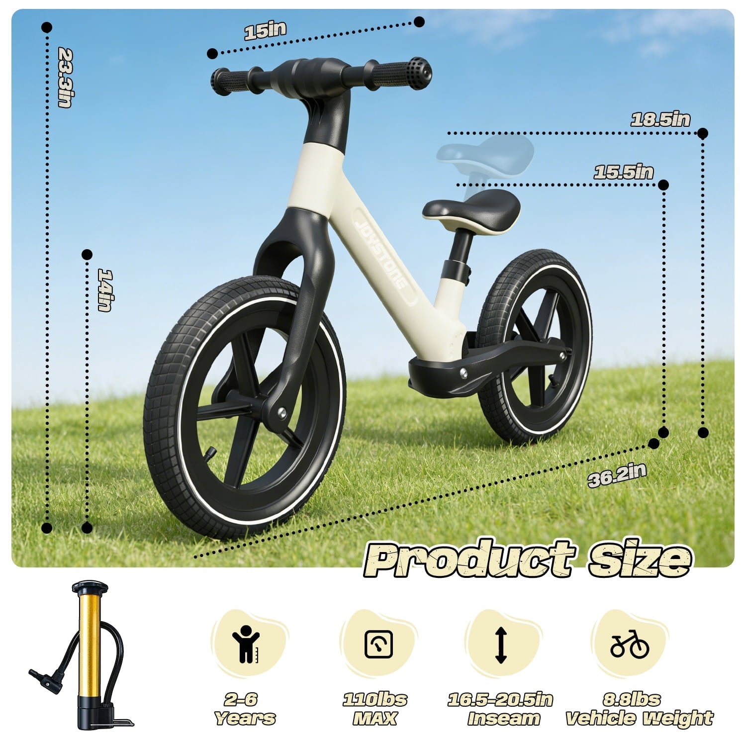 JoyStone 14 Inch Balance Bike for Kids, Toddler Balance Bike with Air Rubber Tires, Adjustable Seat, Lightweight No Pedal Training Bicycle, Gift Bike for 2-6 Boys Girls, Black