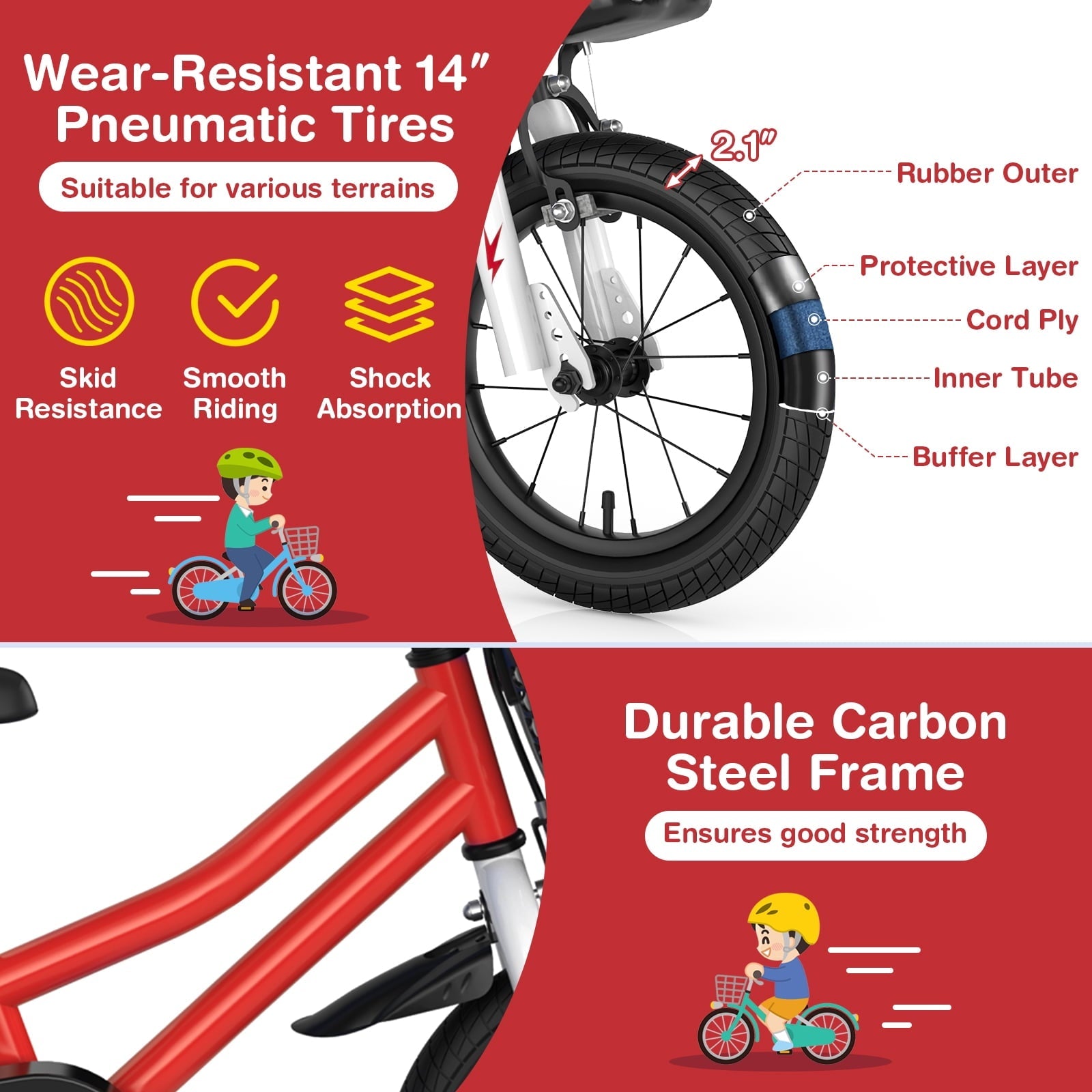 Costway 14'' Kid's Bike with Removable Training Wheels & Basket for 3-5 Years Old White