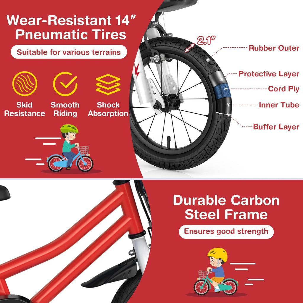 Costway 14'' Kid's Bike with Removable Training Wheels & Basket for 3-5 Years Old Blue