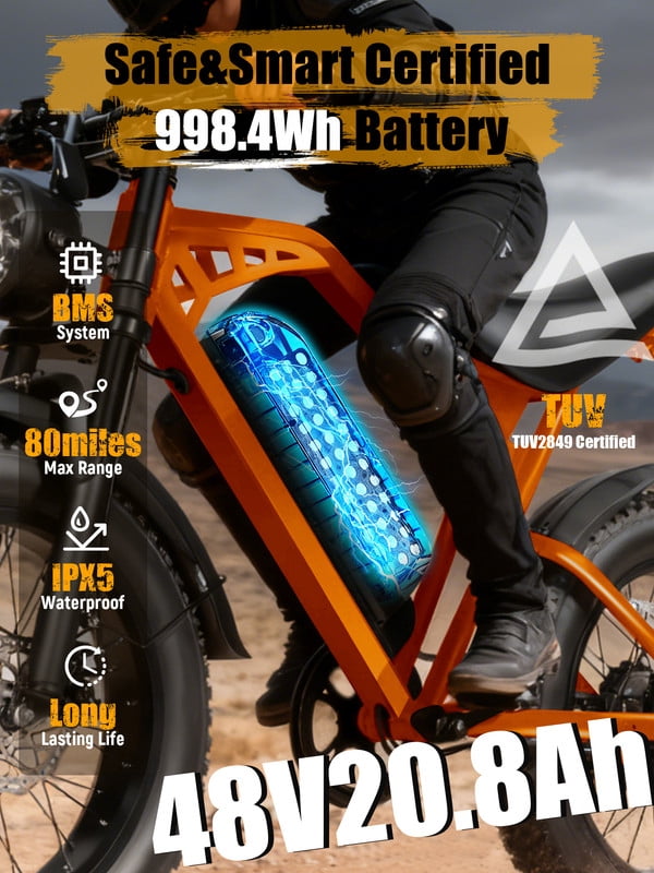 ESKUTE Electric Bike for Adults & Teens, 29MPH, 80 Miles Range, 48V 20.8Ah Battery, 20 x 4.0 Fat Tire, Dual Suspension, 7-Speed Off-Road Ebike Orange, UL2849