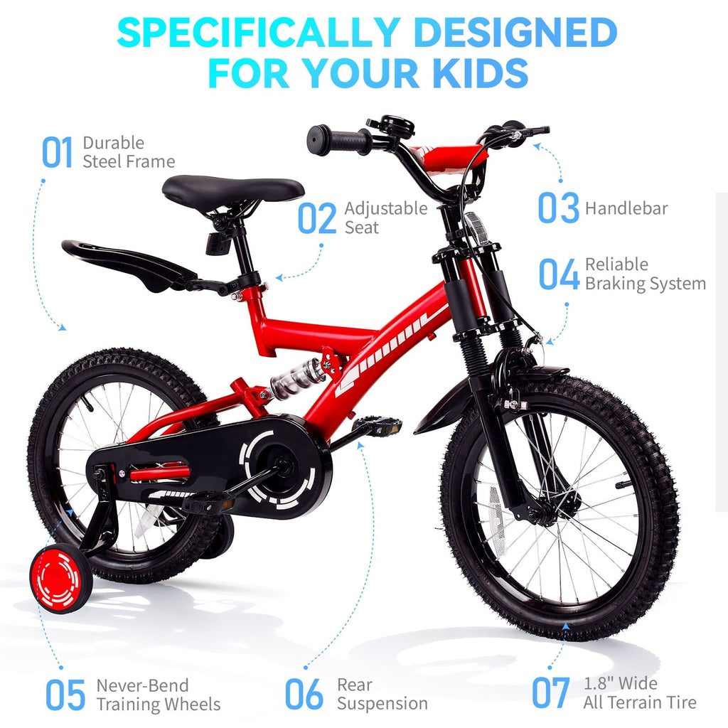 Fenbeli 16 Inch Kids Bike with Training Wheels for Girls Boys Ages 4-7, Red
