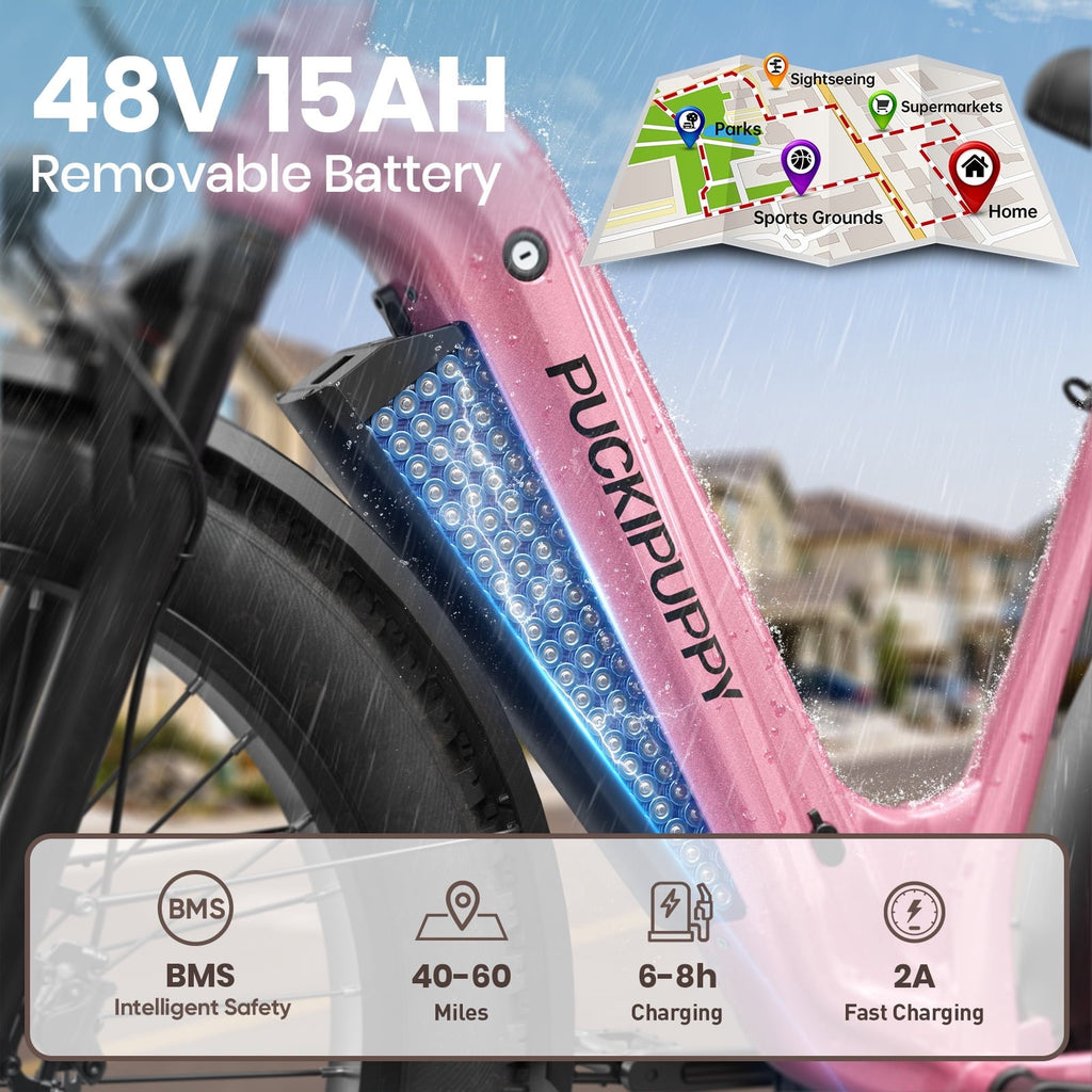 PUCKIPUPPY 960W Peak Electric Bike for Adults Step Through E-Bike 28mph Max Speed 60Miles Range 26 Fat Tire Electric Mountain Bike 48V 15AH Battery 7 Speed off-Road Ebike, Comply with UL2849 By SGS