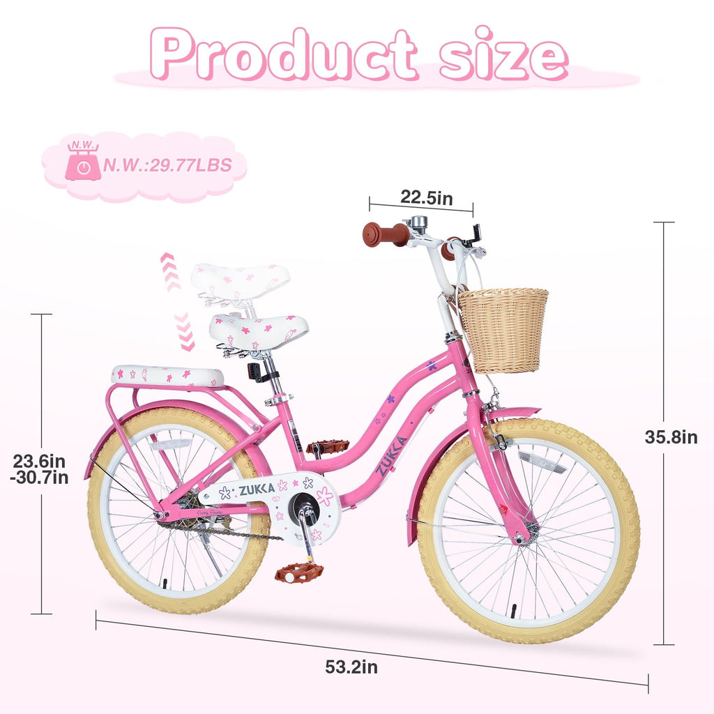 Dolonm 20 Kids Bike for Ages 7-10, Lightweight High-Carbon Steel Frame Cruiser Bicycle, Girls Bike with Wicker Basket, Rear Seat Rack, No Training Wheels, Pink