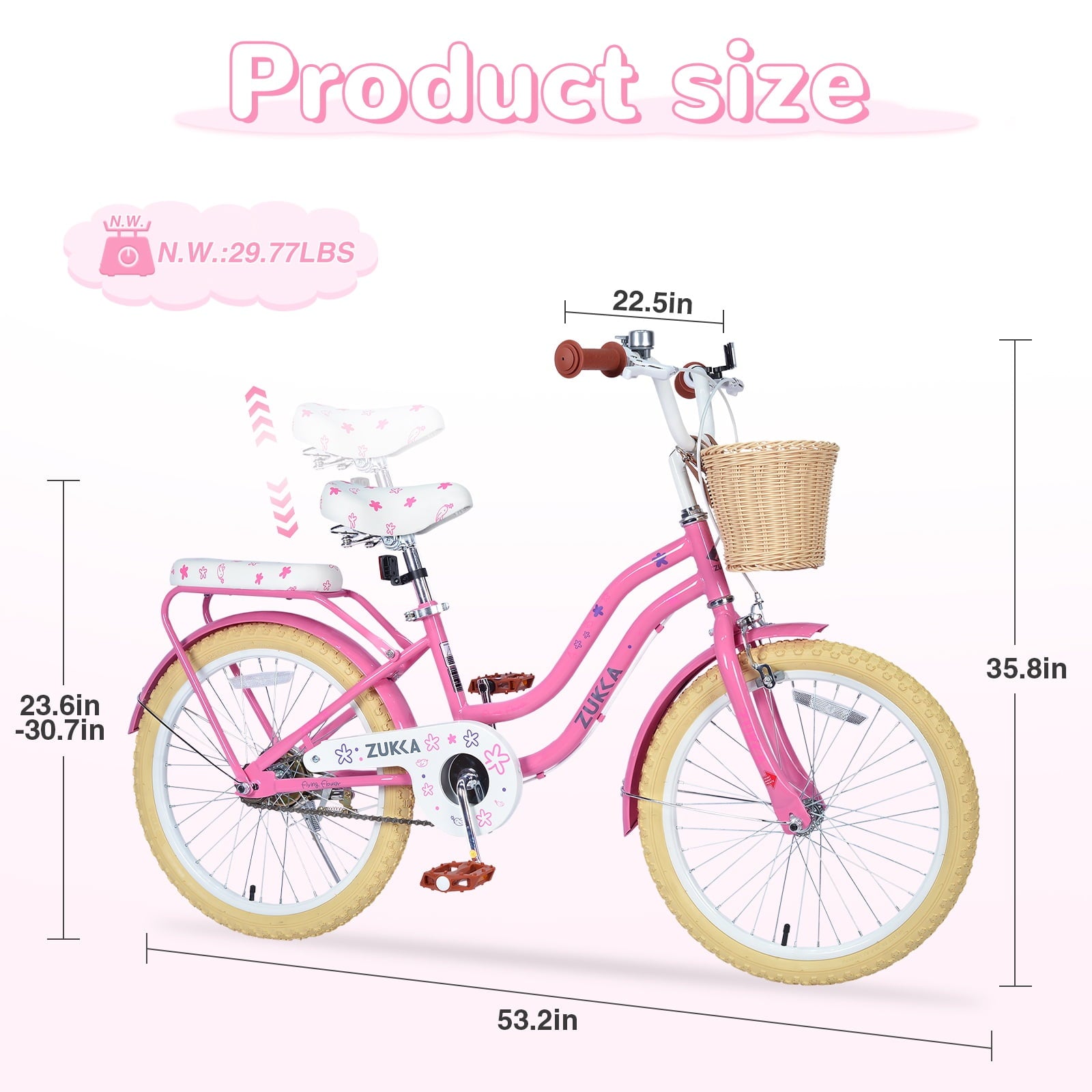Dolonm 20 Kids Bike for Ages 7-10, Lightweight High-Carbon Steel Frame Cruiser Bicycle, Girls Bike with Wicker Basket, Rear Seat Rack, No Training Wheels, Pink