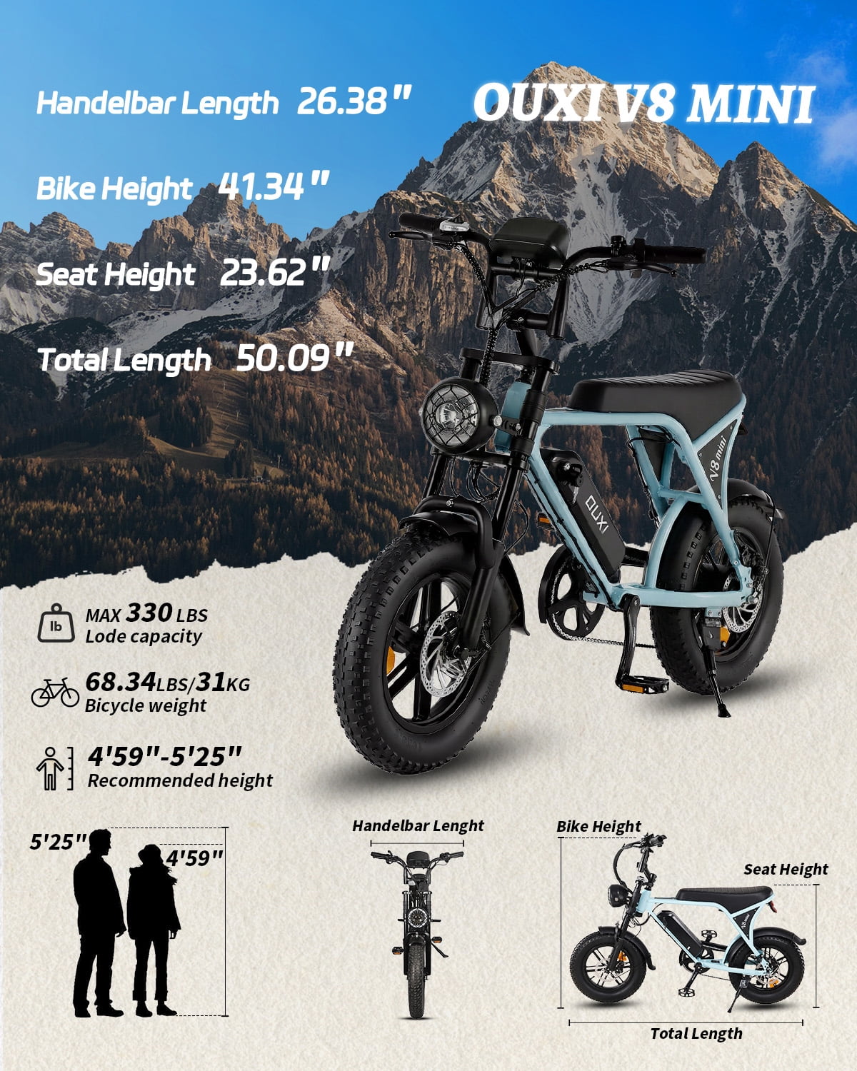 OUXI V8 Electric Bike for Adults, 20 Fat Tire Electric Mountain Bike Peak 750W, 48V 15Ah Battery, UL2849
