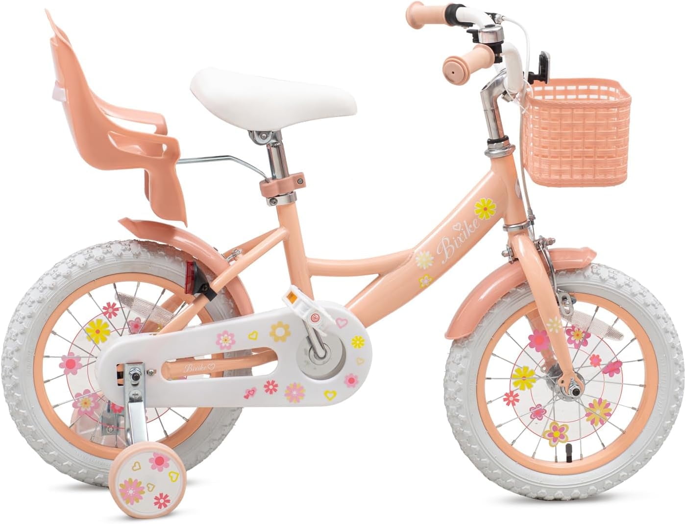 ACEGER 14 Inch Girls Bike with Basket, Training Wheels, Doll Seat, Purple Kids Bicycle for Ages 3-5