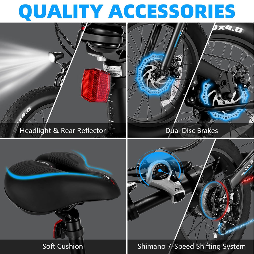Gocio Foldable Electric Bikes Adult 20x4 Fat Tire Electric Bike, 48V 10.4Ah, 500W Electric Mountain Bike Full Suspension, LCD, Shimano 7 Speed Electric Cruiser Bicycle UL2849 Certified