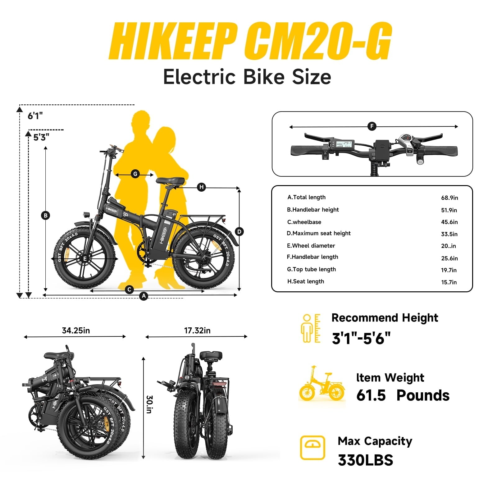 1500W Peak Folding Electric Bike for Adults, 48V 25Ah UL 2849 Certified Battery, 20x4 Fat Tire E-Mountain Bicycle, Shimano 7-Speed, Rear Rack, Up to 30MPH, Black