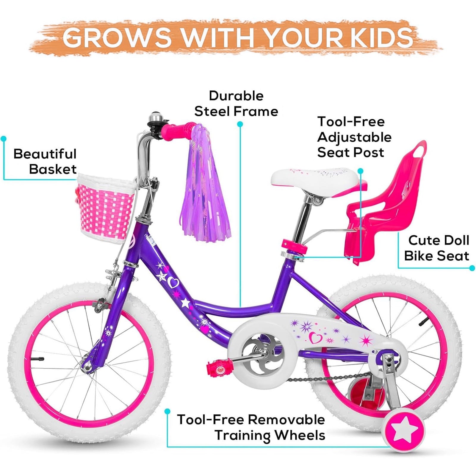Hykolity 14 inch Girls Bike Princess Bicycle for Age 3-5 Years Old Rider Height 35-47 inch includes Training Wheel Basket Doll Seat Aqua Blue