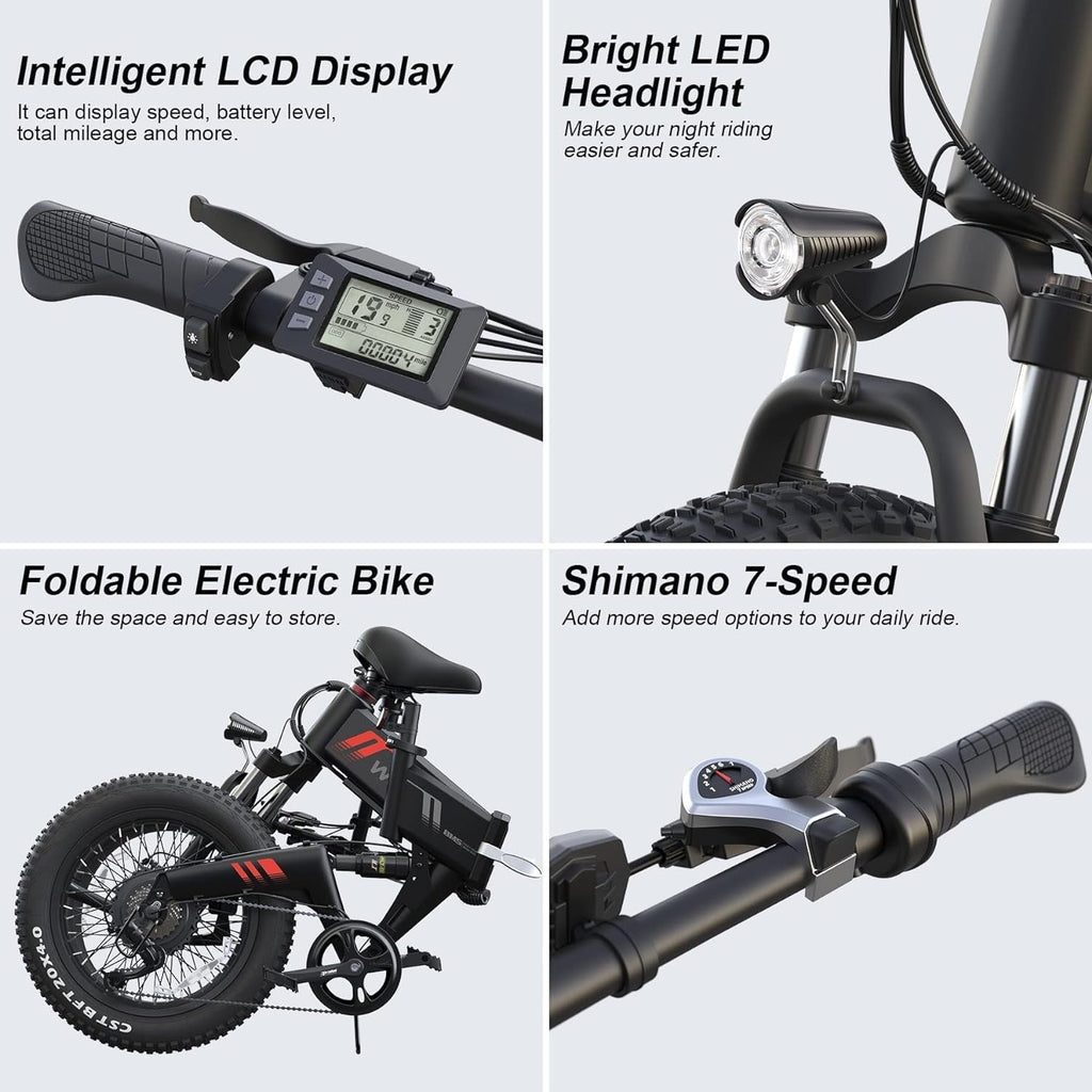 Wooken 20X4.0 Fat Tire Electric Bike for Adults, 500W Foldable Electric Bicycle with 48V 10Ah Built-in Battery, Shimano 7 Speed, Dual Shock Absorber