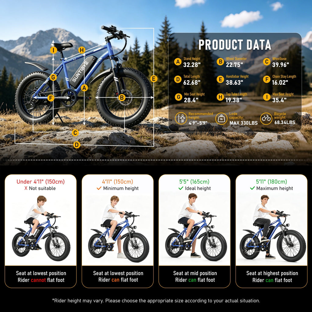 SUNTIBYE K10 Electric Bike 1000W, 48V 15Ah, 20 Fat Tire Ebike, 28MPH, E-Mountain Bike UL2849,Black