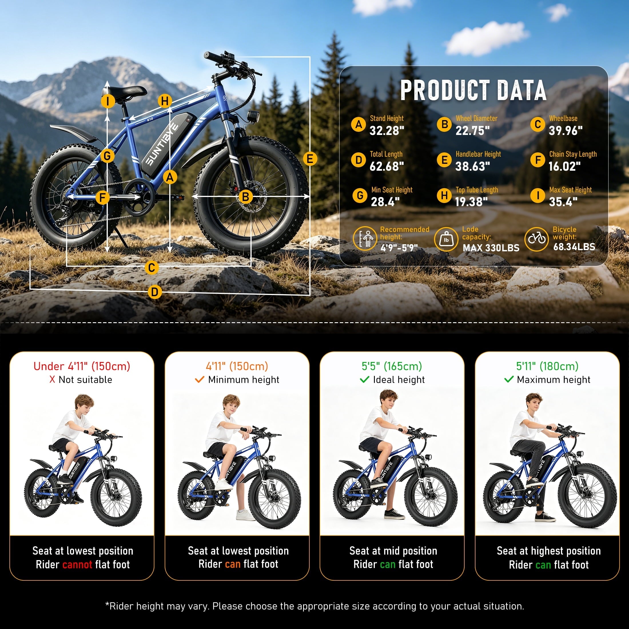 SUNTIBYE K10 Electric Bike 1000W, 48V 15Ah, 20 Fat Tire Ebike, 28MPH, E-Mountain Bike UL2849,Black