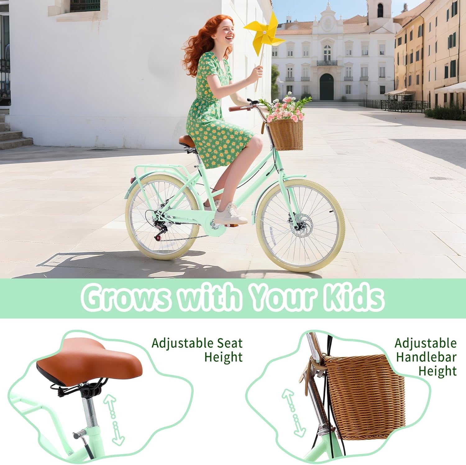 24 Beach Cruisers for Women, Pipleo Bikes for Women with Rattan Basket, 7-Speed & Step-Through Frame