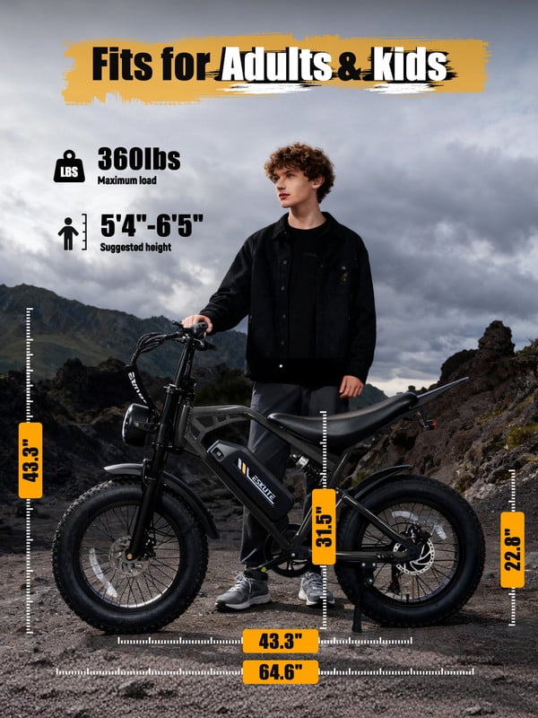 ESKUTE Electric Bike for Adults & Teens, 29MPH, 80 Miles Range, 48V 20.8Ah Battery, 20 x 4.0 Fat Tire, Dual Suspension, 7-Speed Off-Road Ebike Orange, UL2849