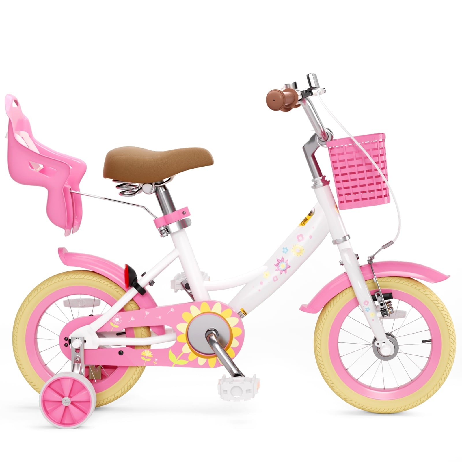 KORIMEFA Bikes for Girls 3-6 Years Old Toddlers, 12 inch Girls Bike with Training Wheels, Basket and Doll Seat, Children Bicycles with Handbrake, White
