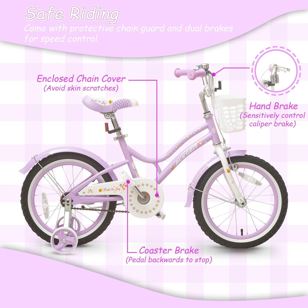 ACEGER 16 Inch Bike with Basket and Training Wheels for Girls Ages 5-9, Pink