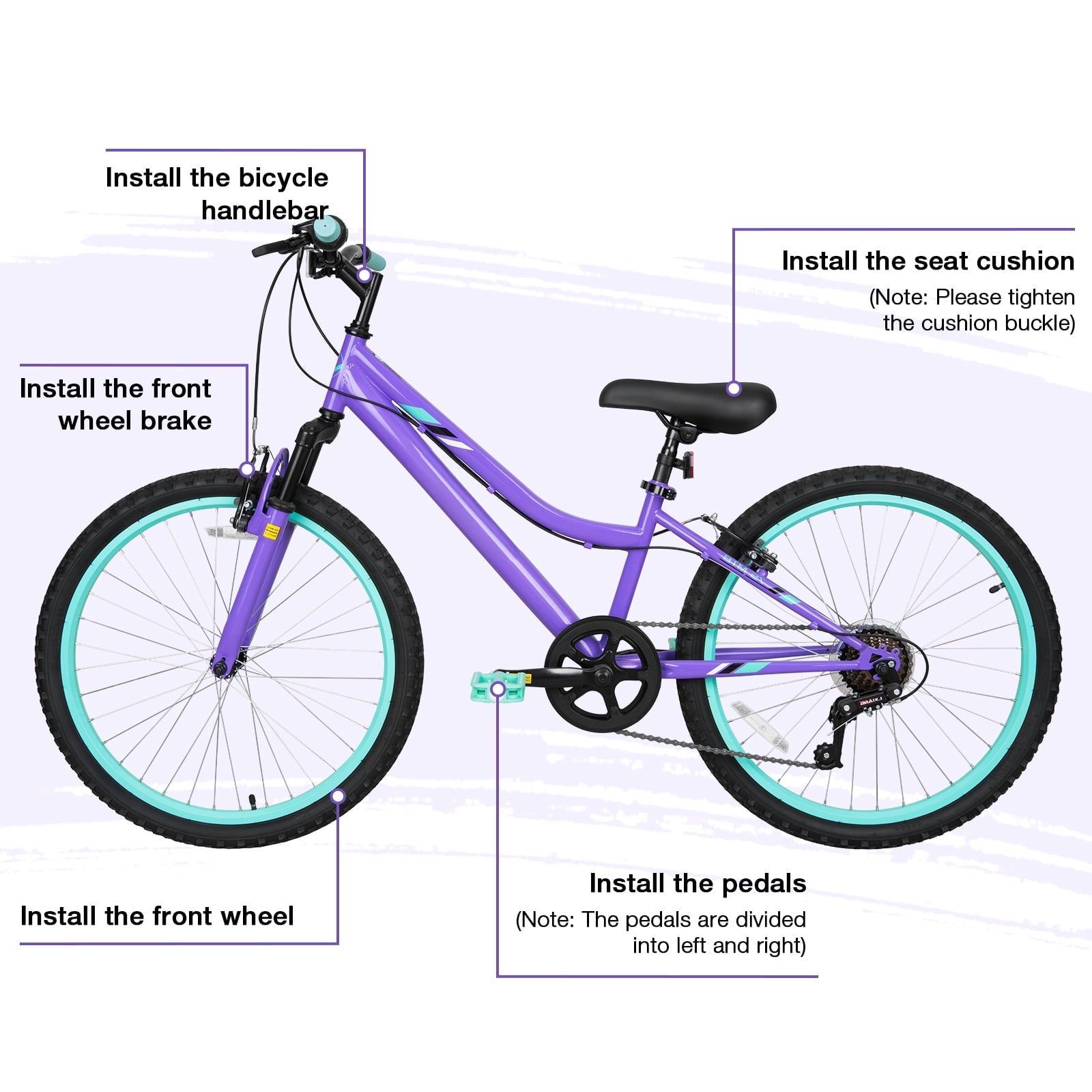 Hykolity 24 inch Kids Mountain Bike,7 Speed Kid Bicycle Age 8-14 Year Old with Front Suspension Fork,Adjustable Seat Height,High-Carbon Steel,Purple