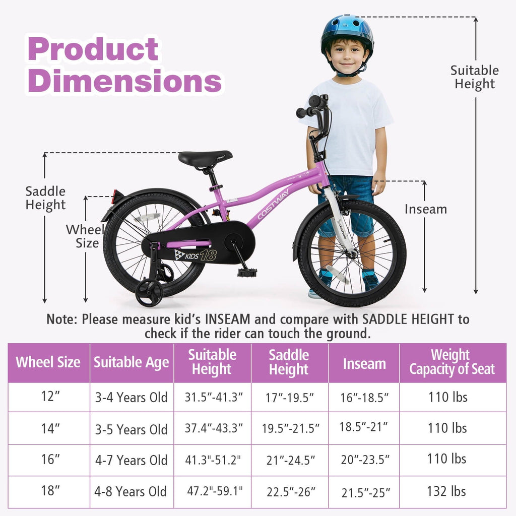 Costway 12 Kids Bike for 3-4 Years Old Boys & Girls with Adjustable Seat Handbrake Reflectors Blue