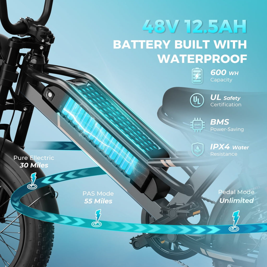 YareYi Electric Bike for Adults Teens, 2000W Peak E-Mountain Bicycle, 28MPH Fat Tire Ebike, 48V 600Wh Removable Battery Dual Suspension UL2849, 16 inch