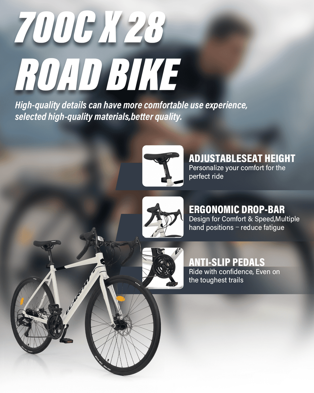 700C Road Bike 16 Speed, Sport Bike Performance Aluminum Road Bike, City Commuter Bicycle with Dual Disc Brakes, Lightweight Racing Bicycle for Men &Women, Cream