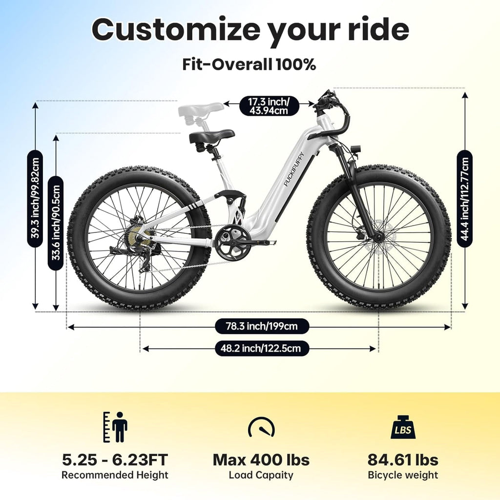 PUCKIPUPPY 26 Electric Bikes for Adults 960W Peak Step Through E-Bikes up to 80Miles Range 48V 20AH Battery Full Suspension Ebike 28 mph Max Speed Fat Tire E-Mountain Bike 7 Speed, UL2849 by SGS