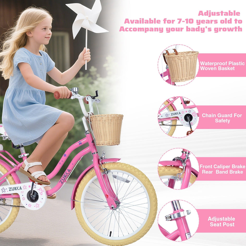 Dolonm 20 Kids Bike for Ages 7-10, Lightweight High-Carbon Steel Frame Cruiser Bicycle, Girls Bike with Wicker Basket, Rear Seat Rack, No Training Wheels, Pink