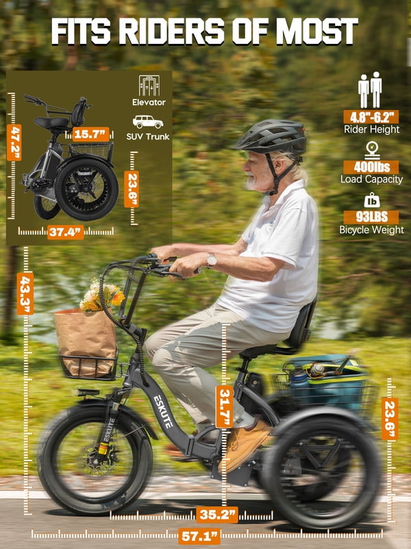 ESKUTE Electric Tricycle for Adults, 1200W Peak Motor, Up to 55 Miles Range, 624Wh Removable Battery, Folding 3-Wheel Ebike with 18x3.0 Fat Tires, Step-Through Red, UL2849