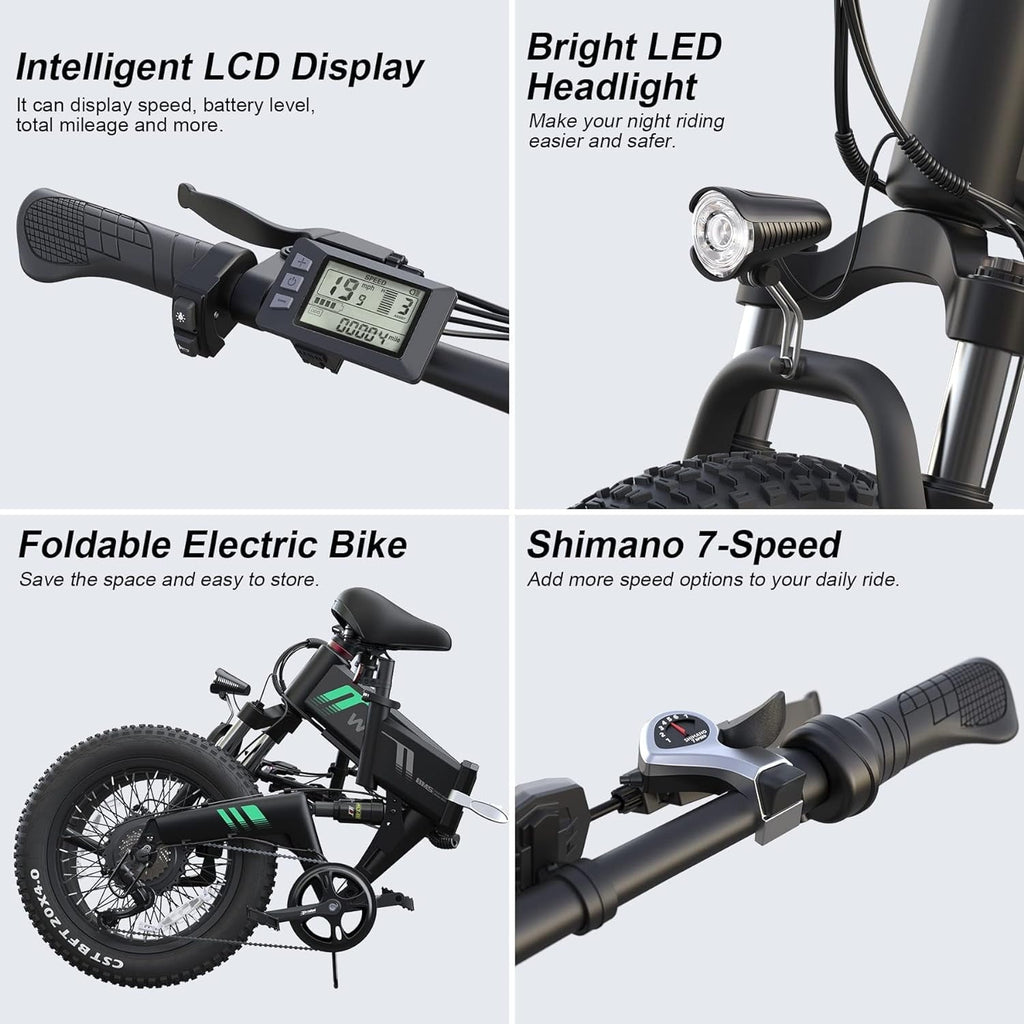 Wooken 20X4.0 Fat Tire Electric Bike for Adults, 500W Foldable Electric Bicycle with 48V 10Ah Built-in Battery, Shimano 7 Speed, Dual Shock Absorber