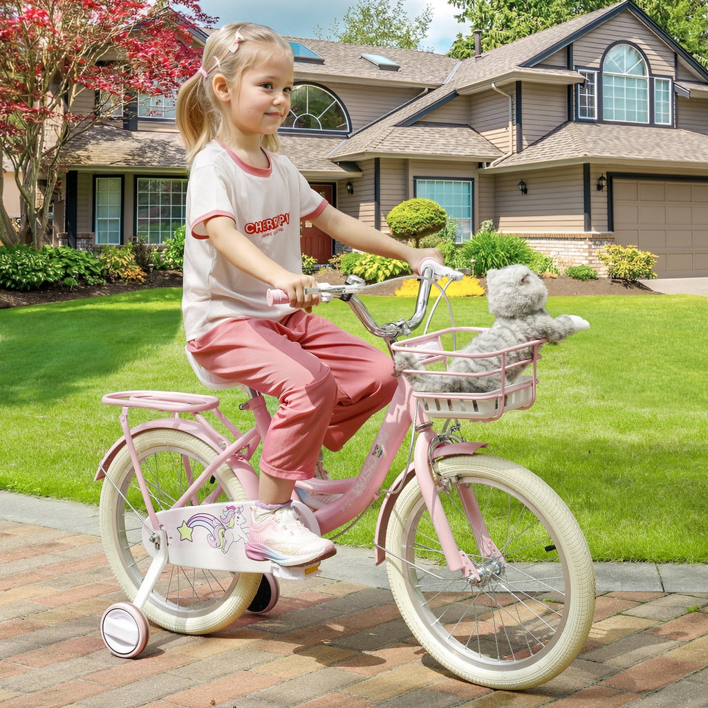 16/18 Inch Bike Kids Bicycle with Basket, Girls Bikes Ages 5-10, Kids Bicycles with Front and Rear Brakes, Kid Bike with Training Wheels, Kickstand, Rear Seat