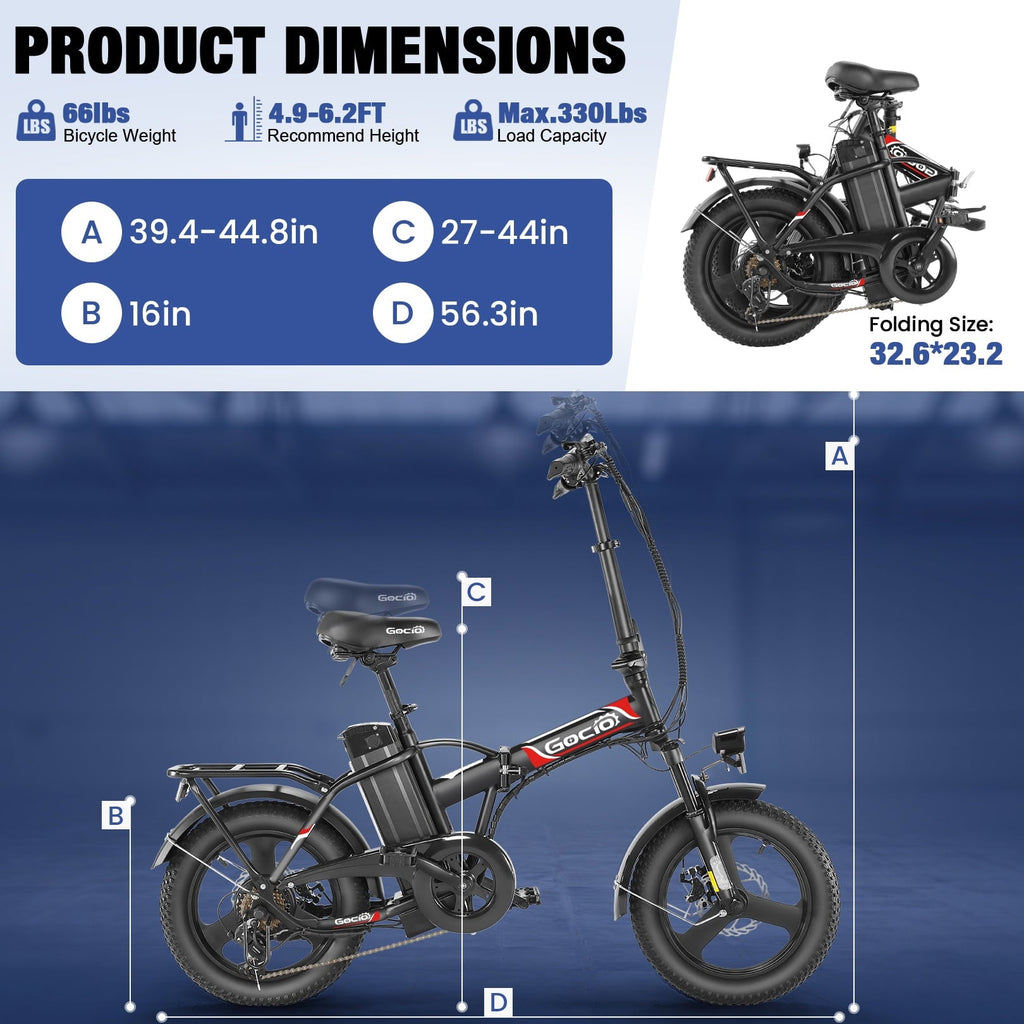 Gocio Peak 750W Electric Bike, 16 x 3.0 One-Piece Fat Tire Foldable Electric Bicycle for Adults Women, 48V 374.4Wh Removable Battery Ebikes, 20MPH Commuter E Bike for Teenager UL2849 Certified