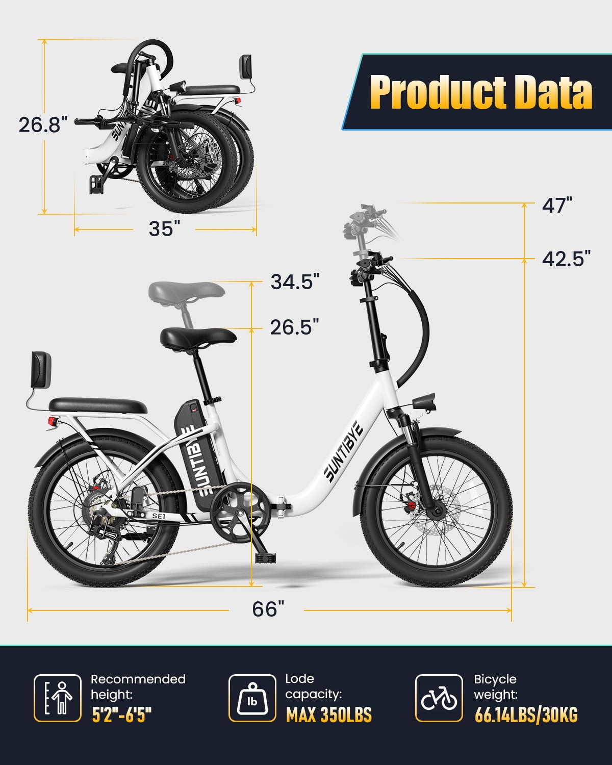 SUNTIBYE SE1 Folding Electric Bike for Adults, 1000W Motor, 28MPH, 48V 15Ah Battery, 20 Fat Tire E-Mountain Bike, UL2849, Black